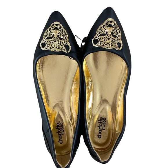 Cheetah Head rhinestone Embellished Point Toe Black Flats Size 6 - Picture 5 of 8